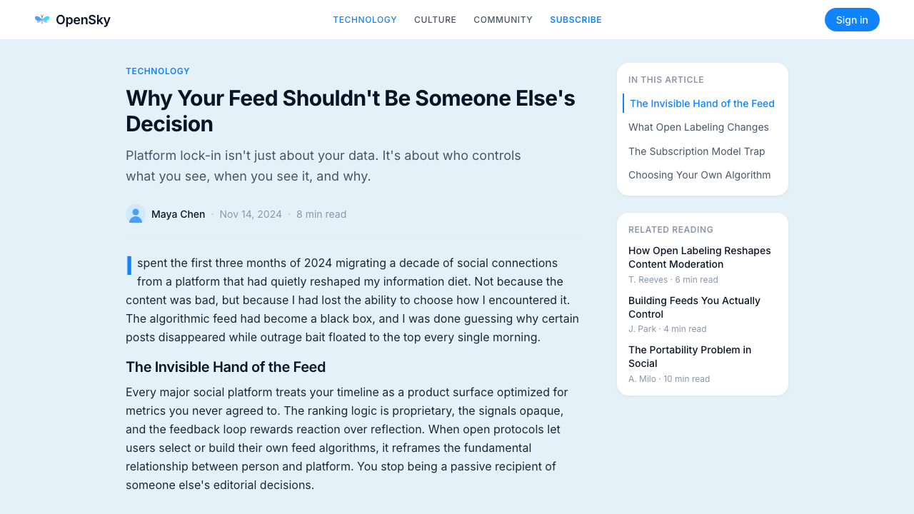 Bluesky AT Protocol 2024 design style applied to a Article page