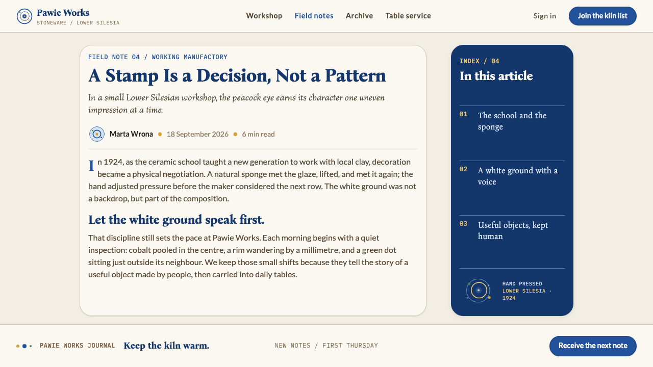 Bolesławiec Pottery design style applied to a Article page