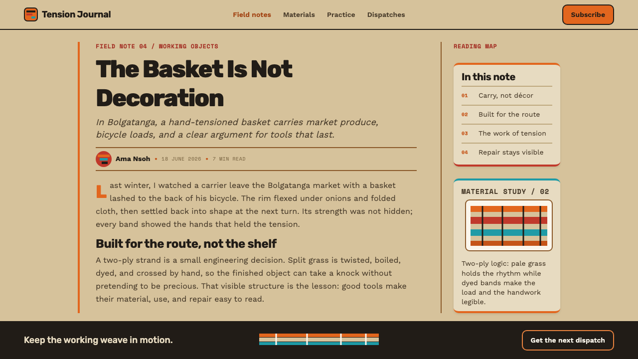 Bolga Basket design style applied to a Article page