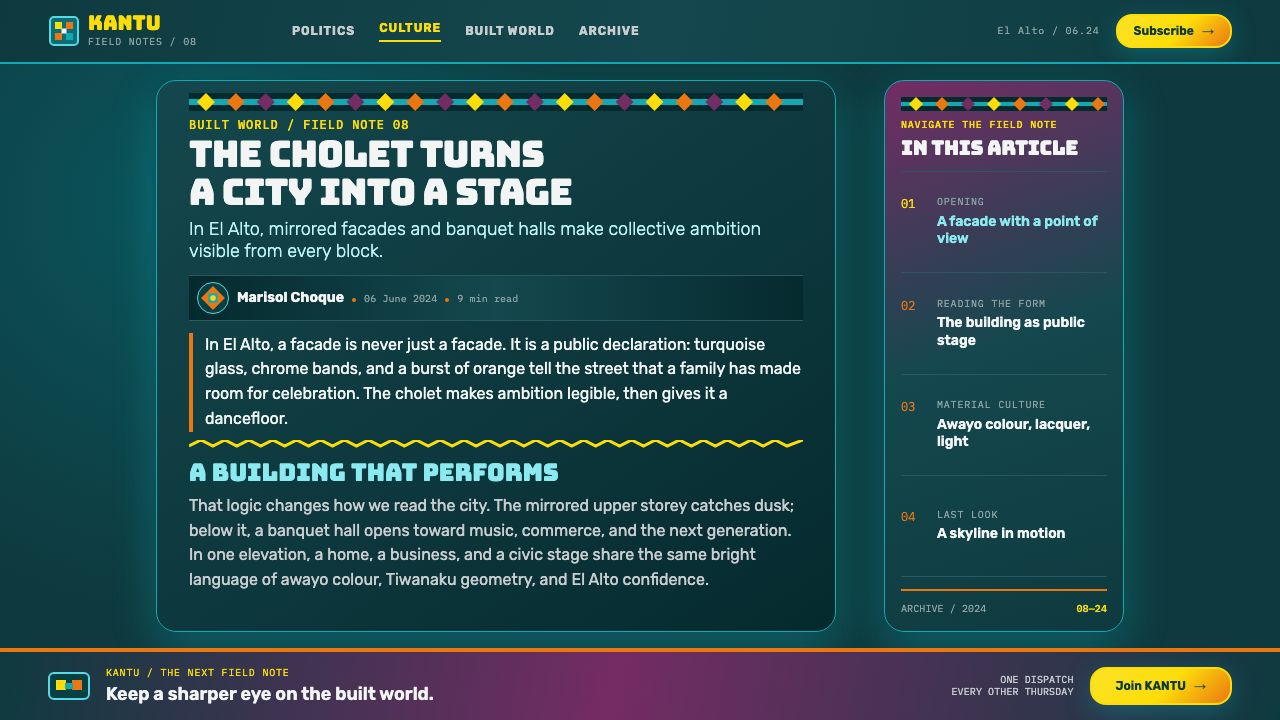 Cholet — Freddy Mamani design style applied to a Article page
