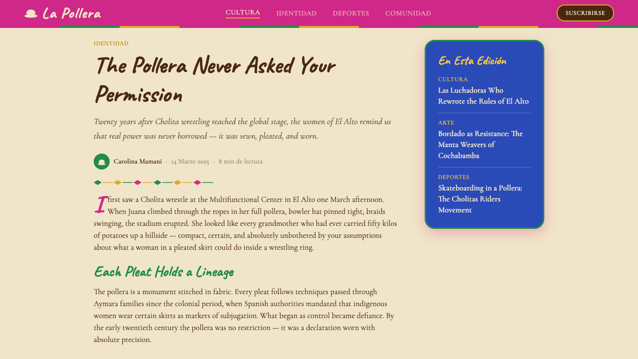 Bolivian Cholita (Bowler-Hat Fiesta) design style applied to a Article page