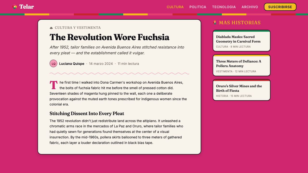 Bolivian Pollera Fiesta Magenta design style applied to a Article page