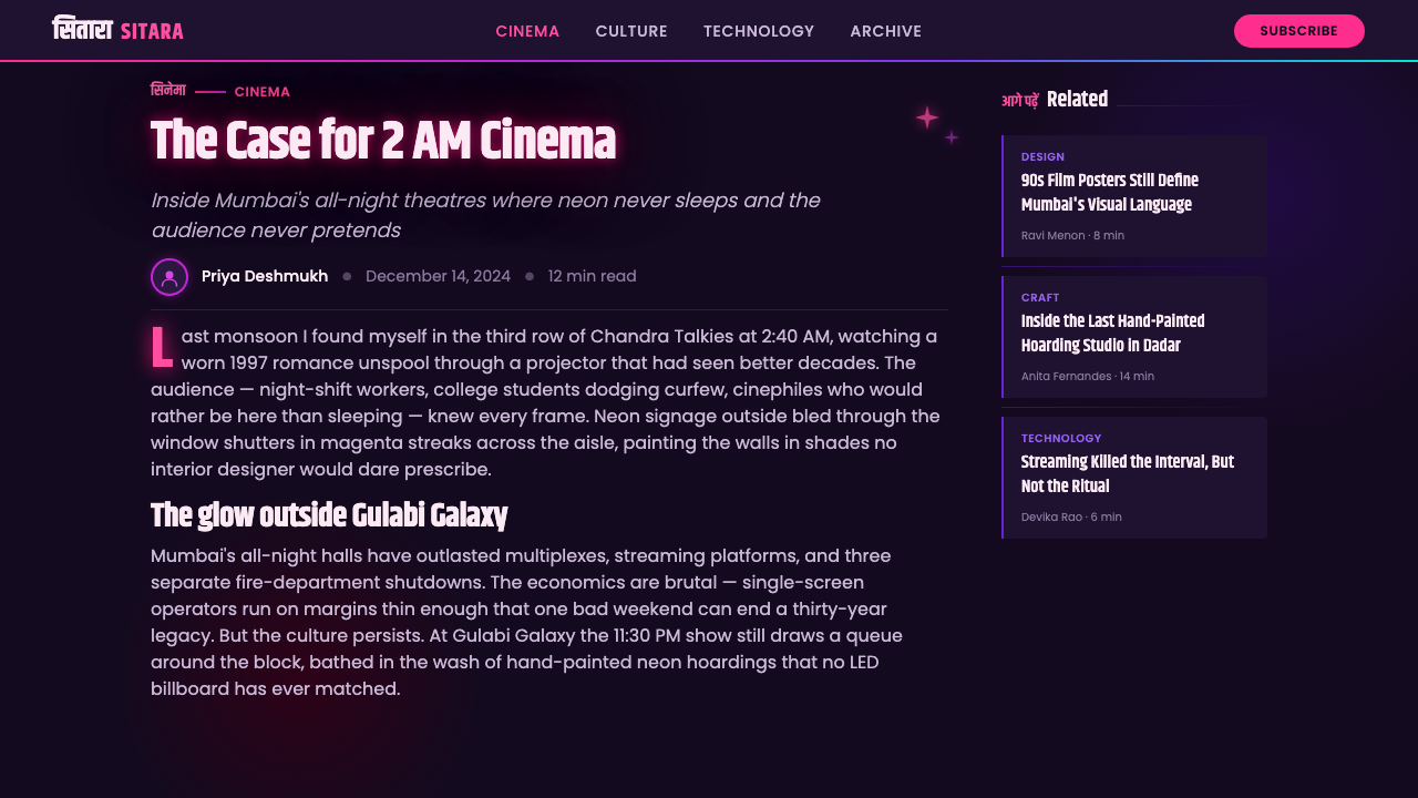 Bollywood Neon Mumbai design style applied to a Article page