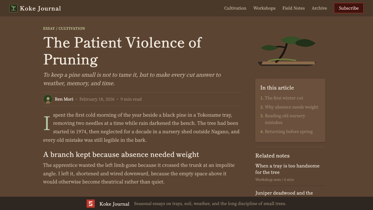 Bonsai Cultivation design style applied to a Article page