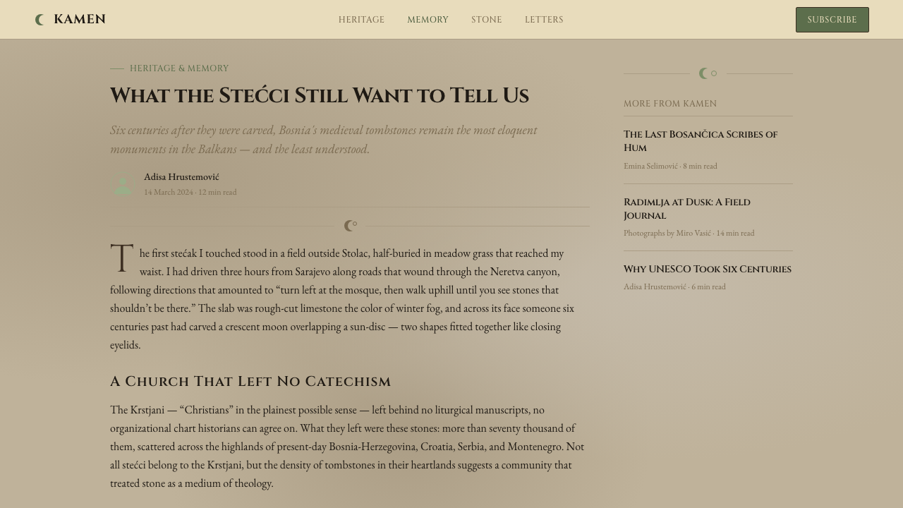 Bosnian Stećak Medieval Tombstone design style applied to a Article page