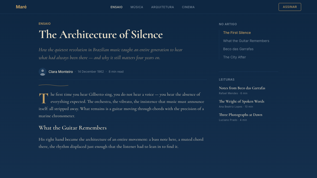 Brazilian Bossa Nova Cool 1958 design style applied to a Article page