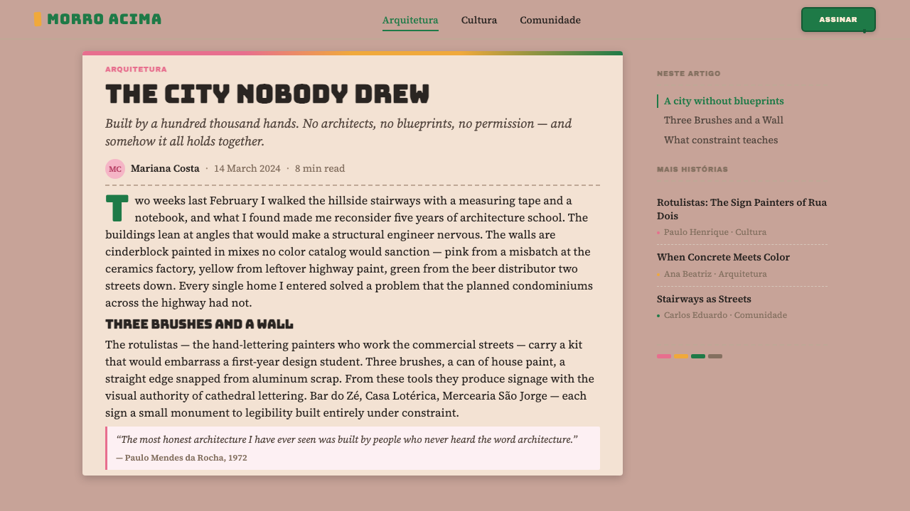 Brazilian Favela Rocinha 1970s design style applied to a Article page