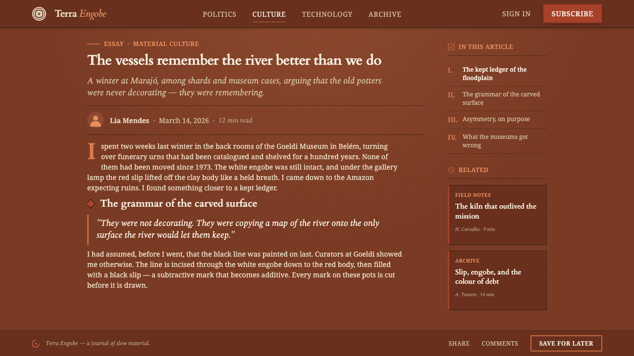 Marajoara Amazon Ceramic design style applied to a Article page