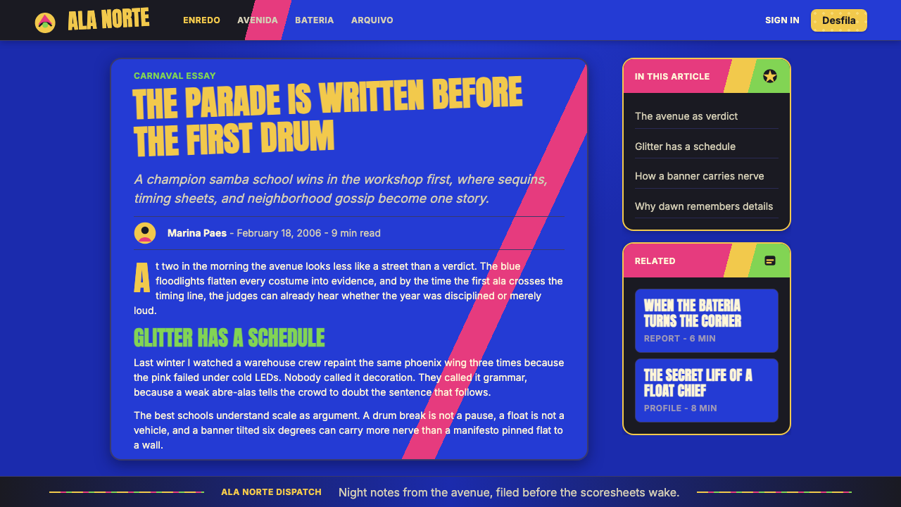 Brazilian Samba School (2000s Carnaval) design style applied to a Article page