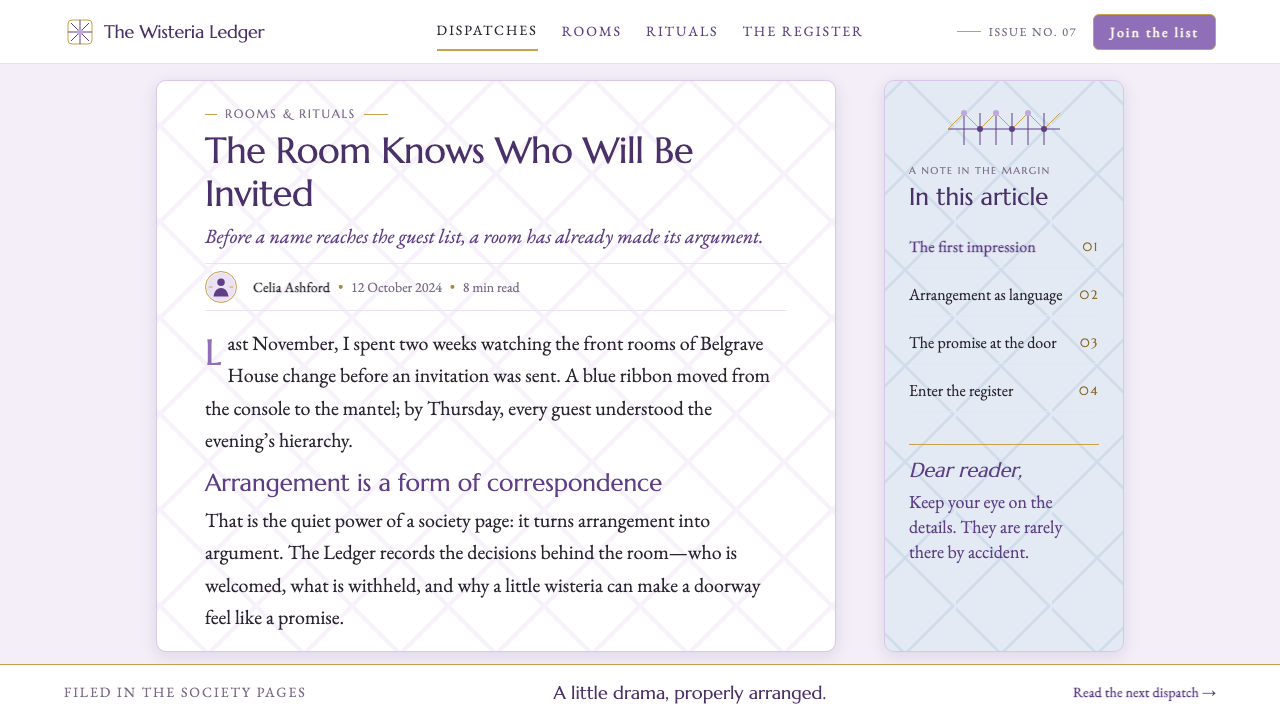 Bridgerton Regency (2020) design style applied to a Article page