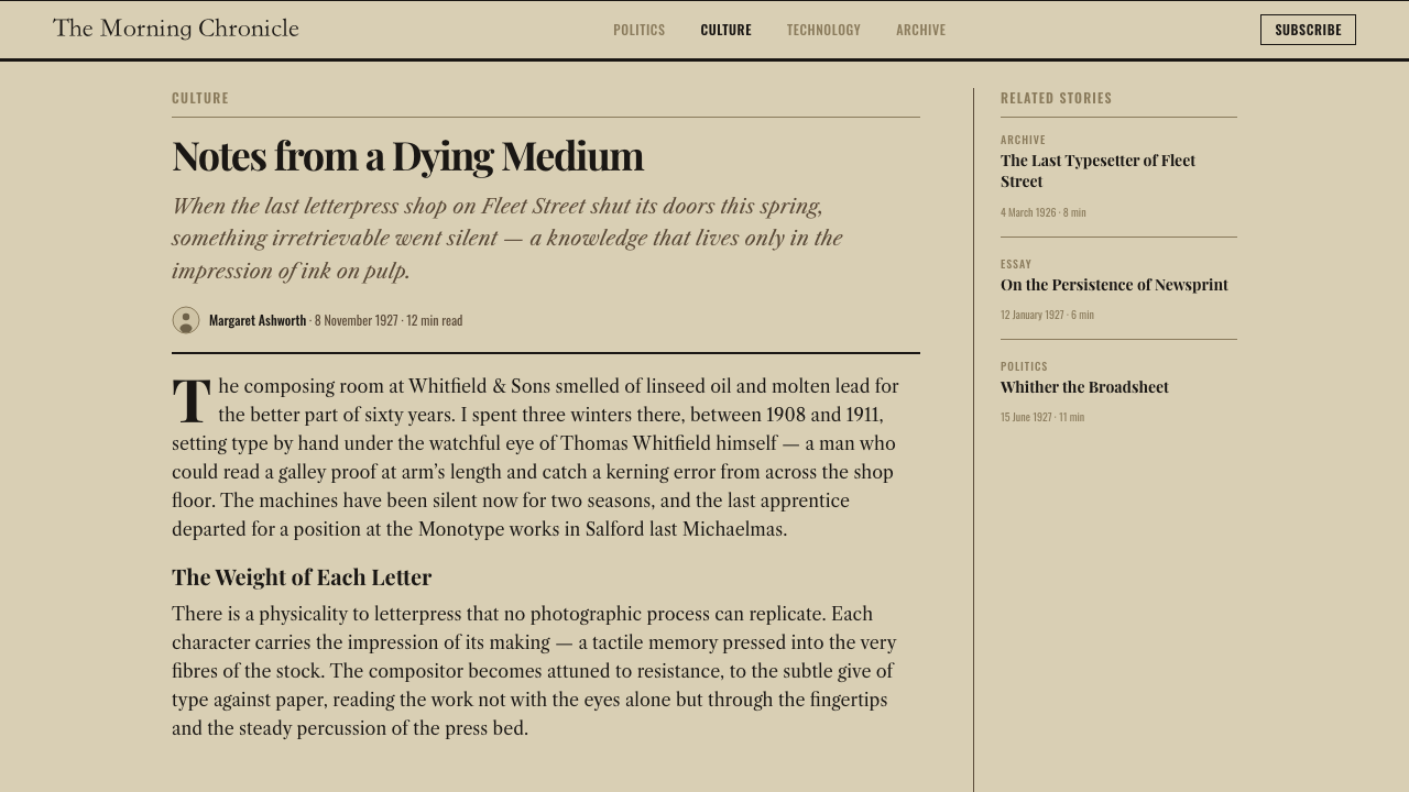 Broadsheet Letterpress design style applied to a Article page