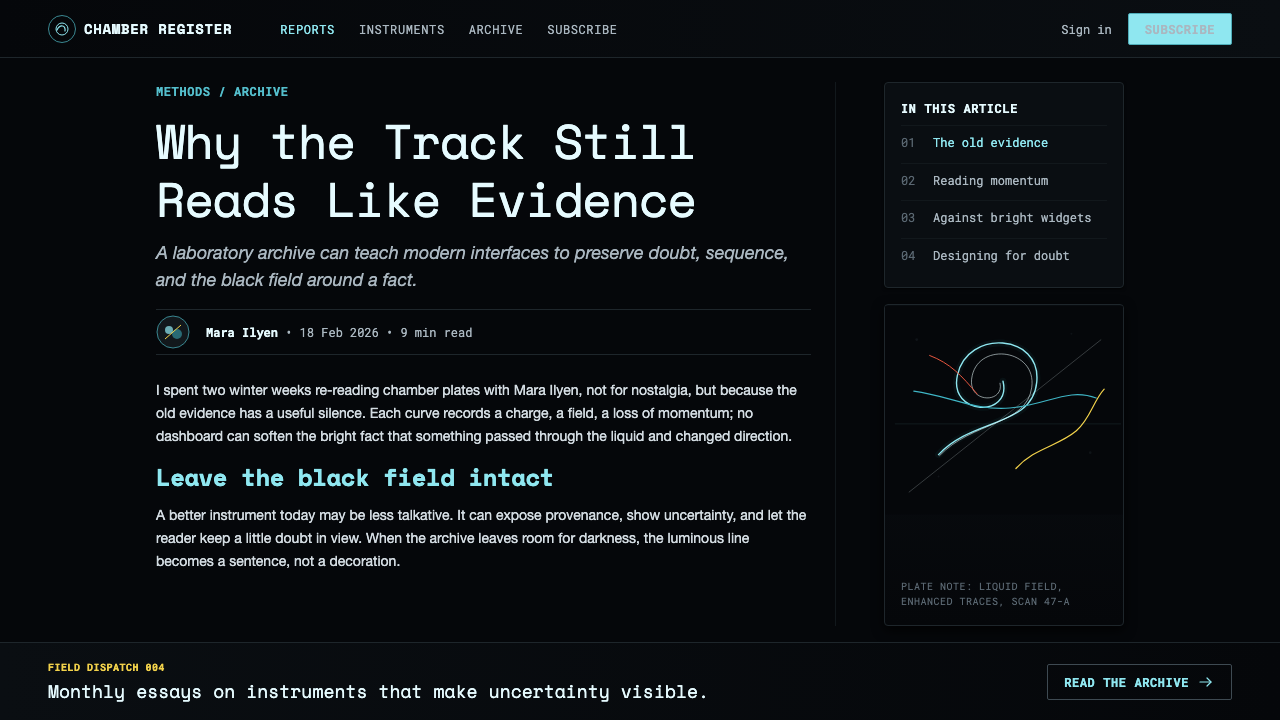 Bubble Chamber Tracks design style applied to a Article page