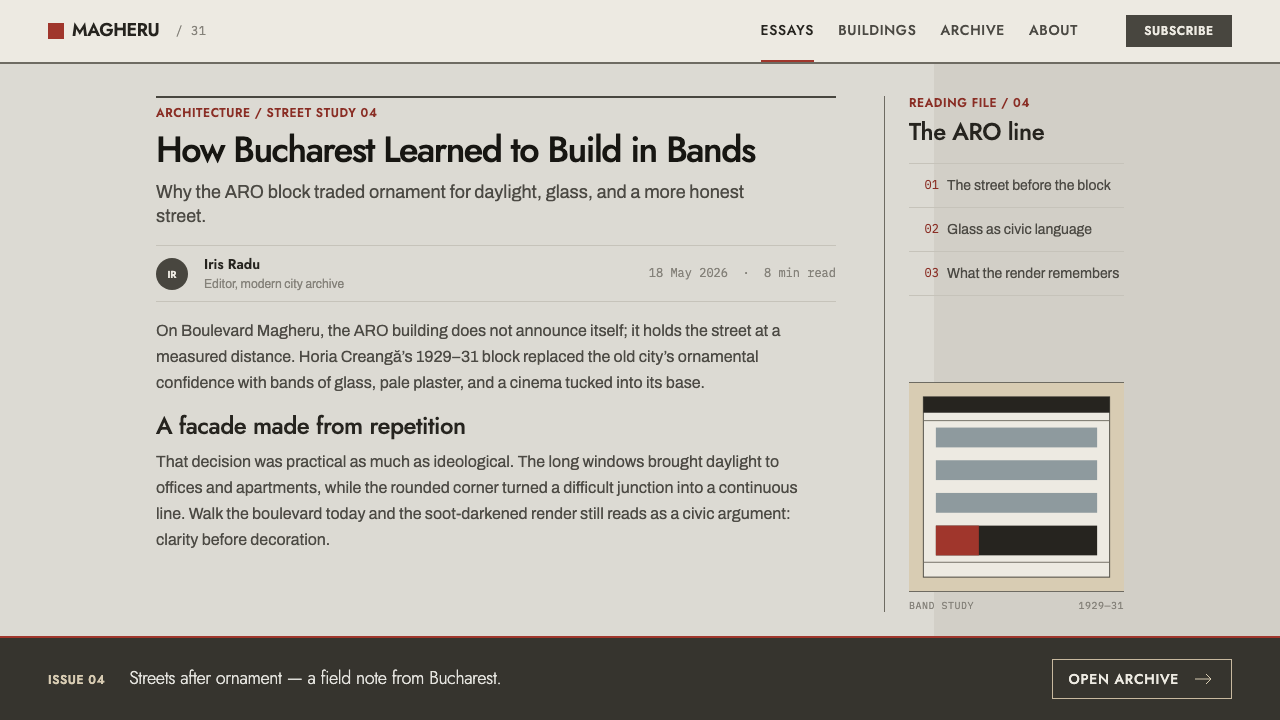 Bucharest Interwar Modernism design style applied to a Article page