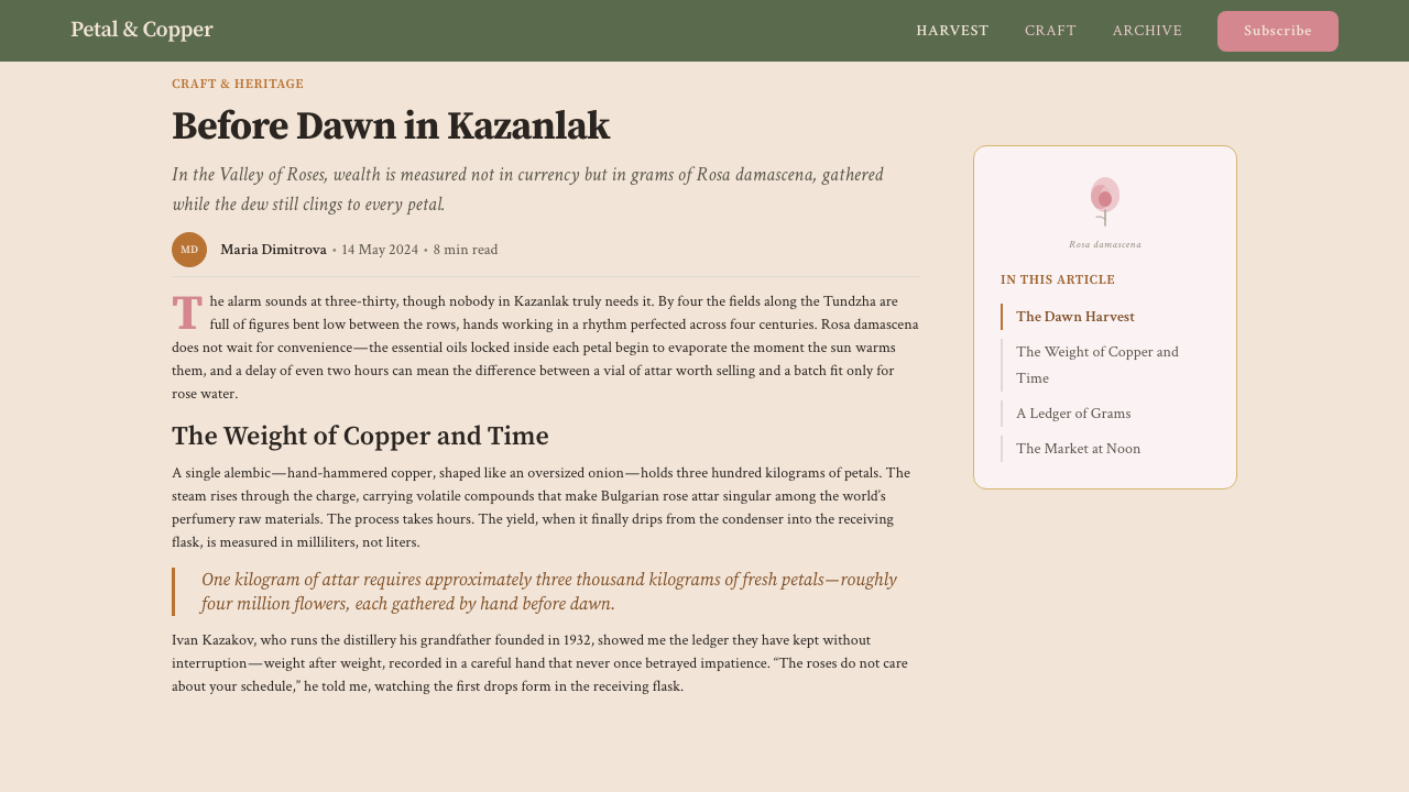 Bulgarian Rose Attar (Valley of Roses) design style applied to a Article page