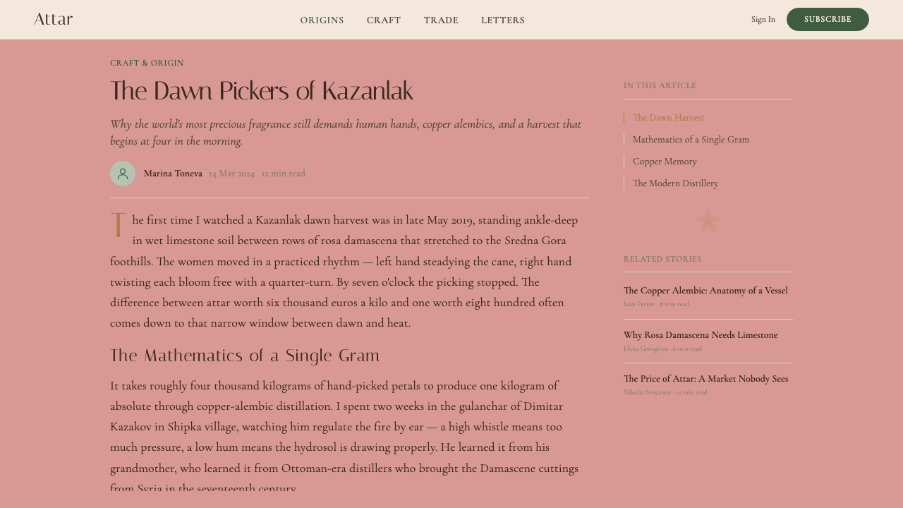 Bulgarian Kazanlak Rose Valley design style applied to a Article page
