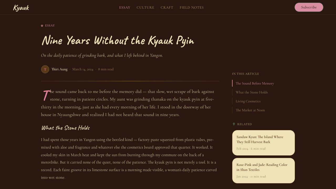 Burmese Shan Thanaka (Bark Paste) design style applied to a Article page