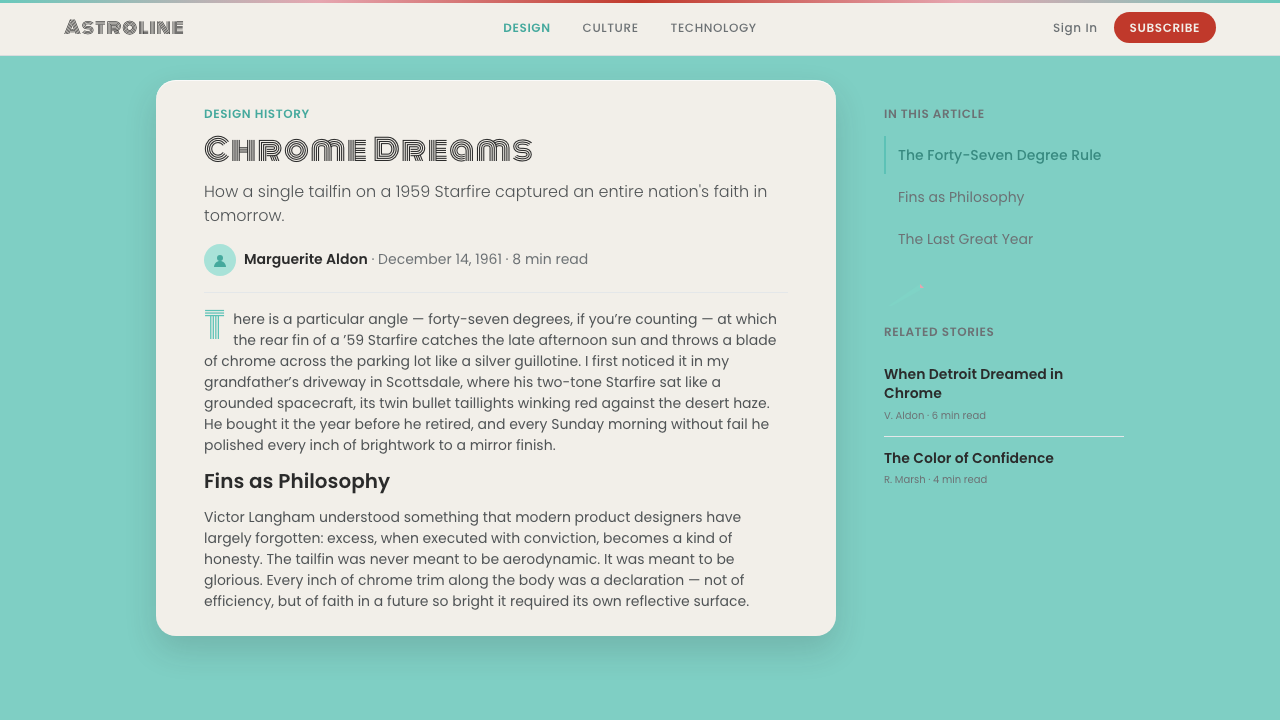 Cadillac Tailfin design style applied to a Article page