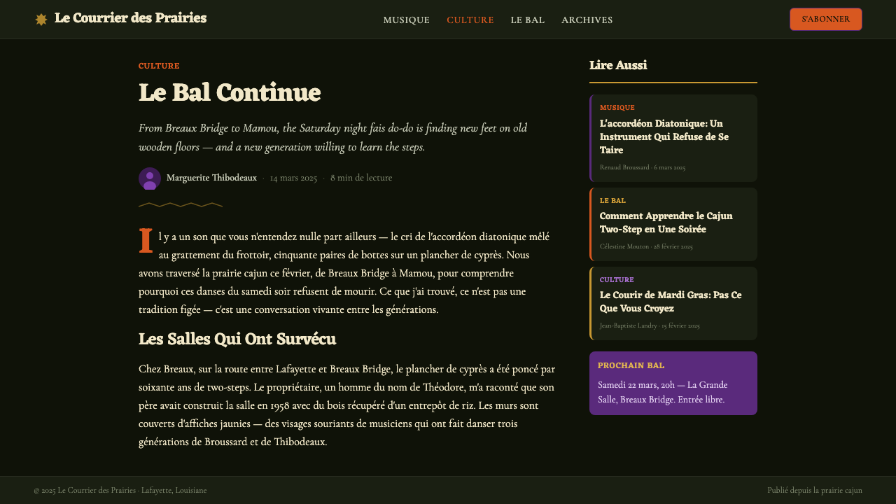 Cajun Louisiana Bayou Fais Do-Do design style applied to a Article page