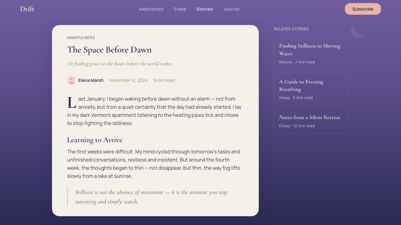 Calm App Purple Meditation 设计风格用在文章页上