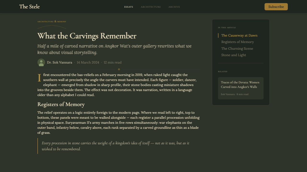 Cambodian Angkor Bas-Relief design style applied to a Article page