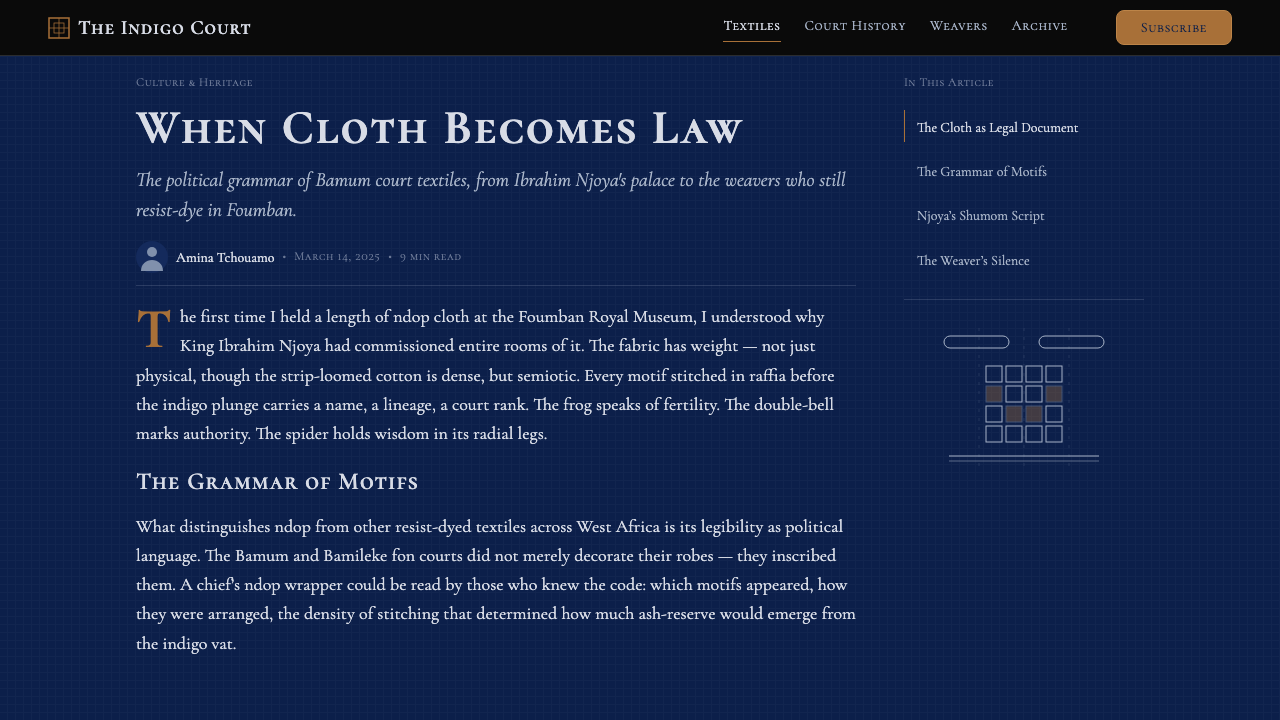 Cameroonian Ndop Royal Indigo design style applied to a Article page