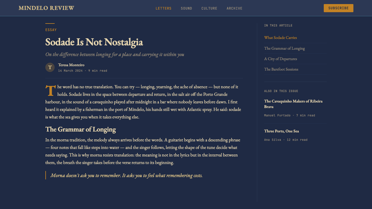 Cape Verdean Morna (Cesária Era) design style applied to a Article page
