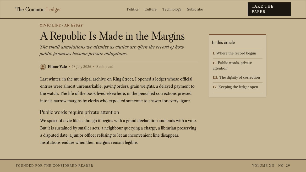 Caslon English Text Serif design style applied to a Article page