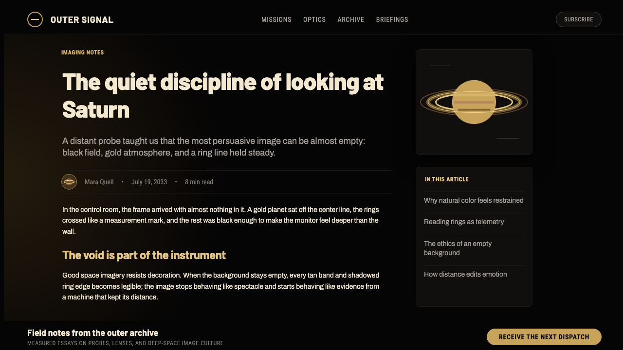 Cassini Saturn Imaging design style applied to a Article page