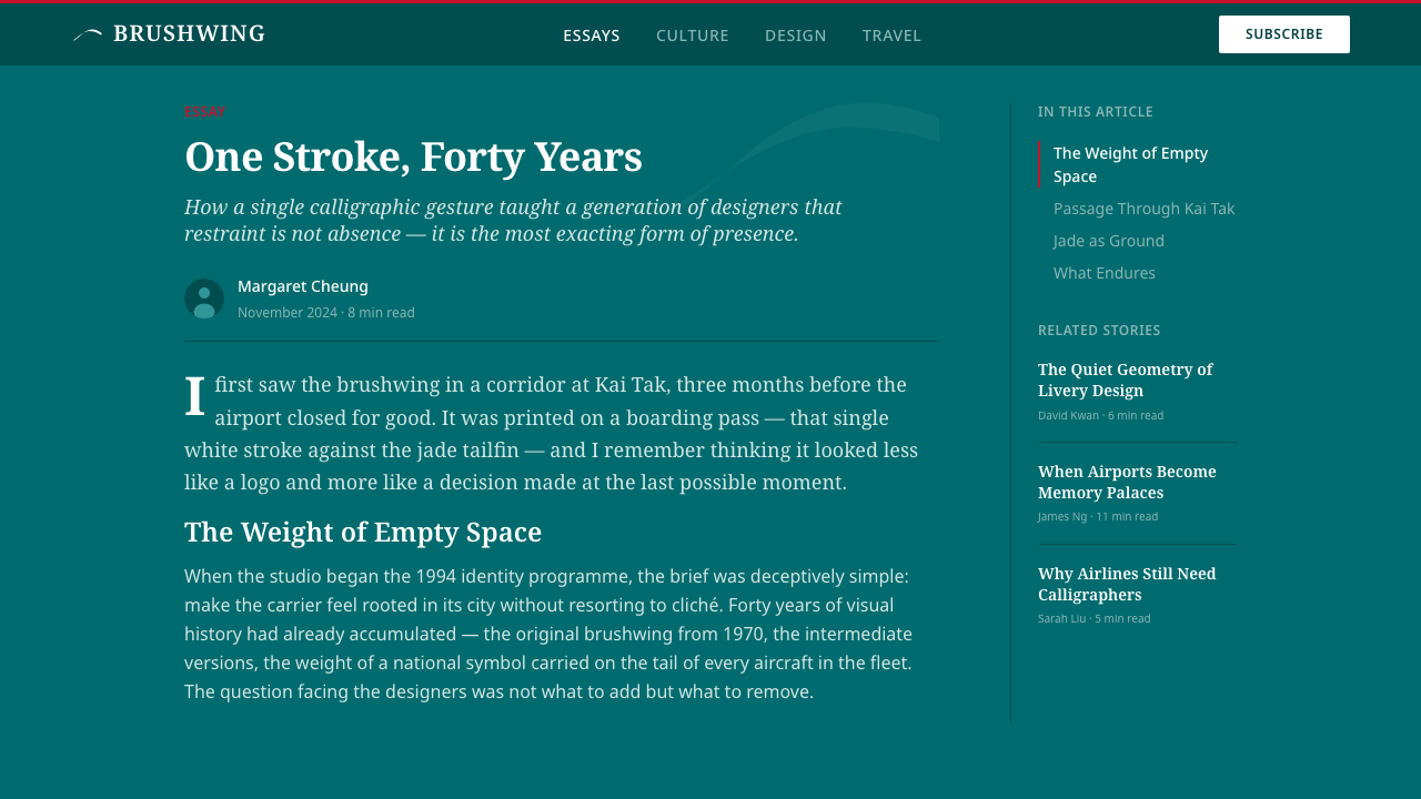 Cathay Brushwing design style applied to a Article page