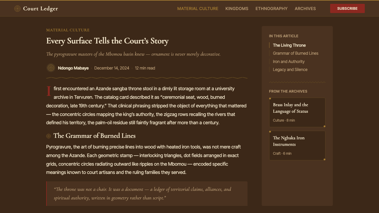 Central African Azande Throne design style applied to a Article page