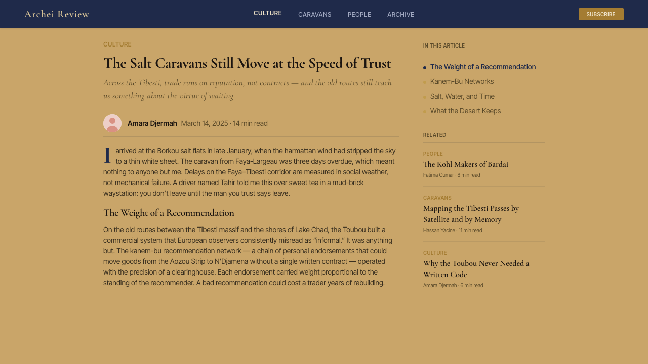 Chadian Toubou Saharan Route design style applied to a Article page