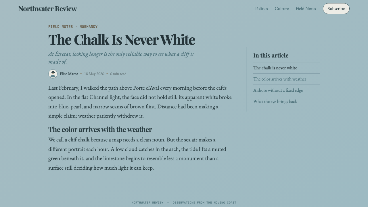 Étretat Chalk Cliffs design style applied to a Article page