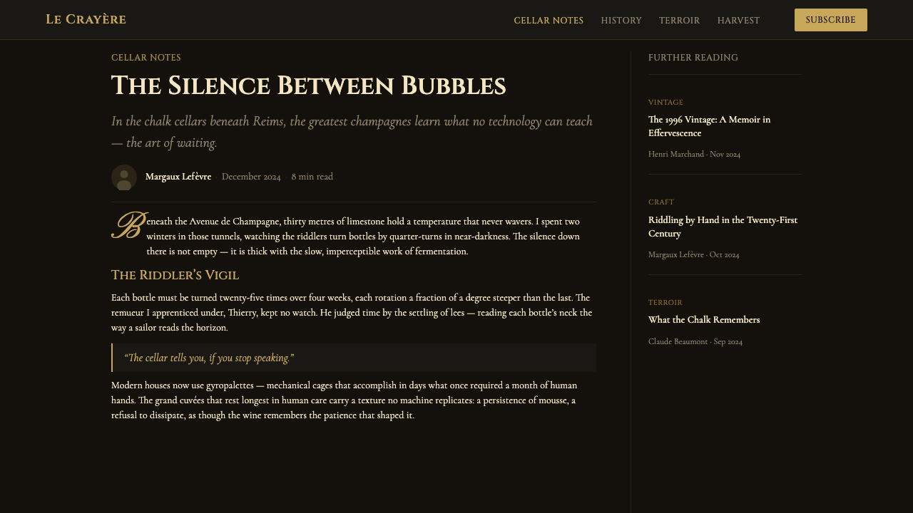 Champagne Maison design style applied to a Article page