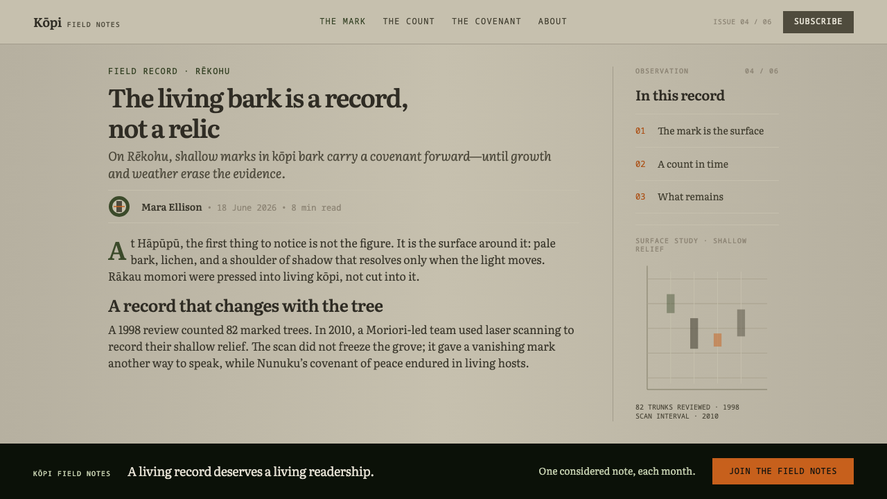 Moriori Rakau Momori design style applied to a Article page