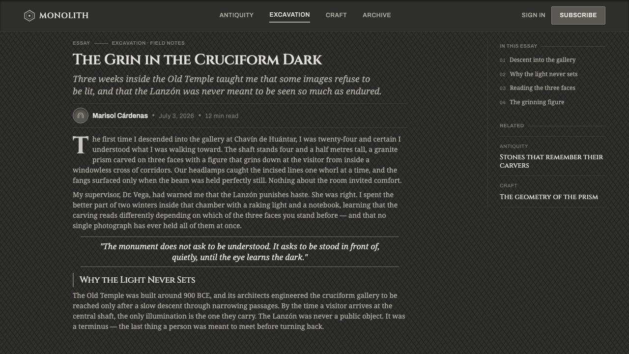 Chavín Lanzón Stone Relief design style applied to a Article page
