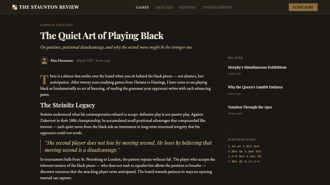 Chess Tournament design style applied to a Article page
