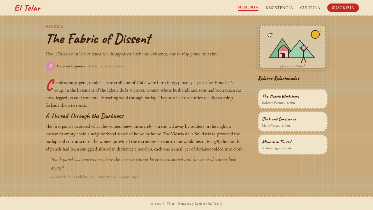 Chilean Arpillera (Pinochet Resistance) design style applied to a Article page