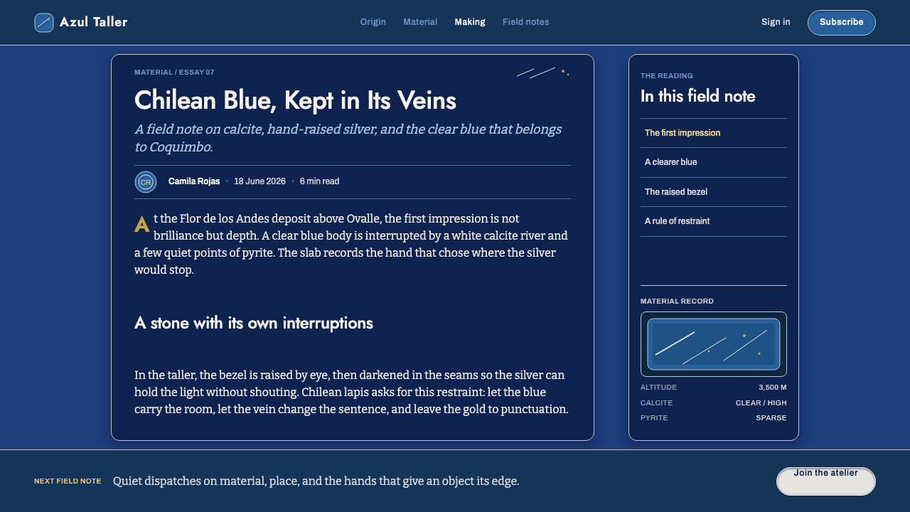 Chilean Lapis Lazuli design style applied to a Article page