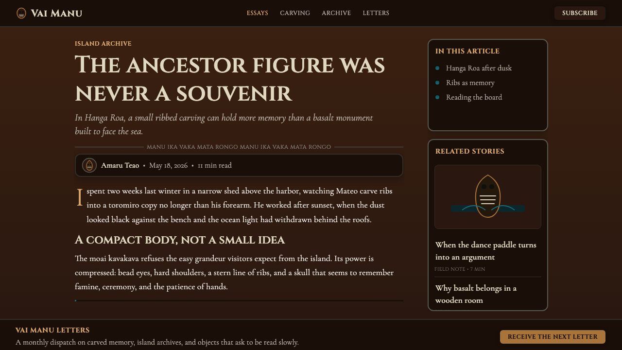 Chilean Rapa Nui Toromiro (Easter Island) design style applied to a Article page