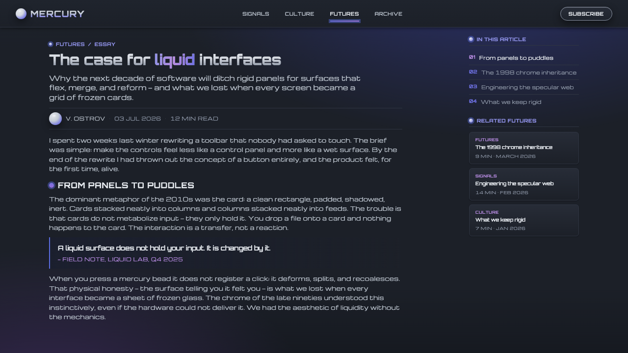 Liquid Chrome Y2K design style applied to a Article page