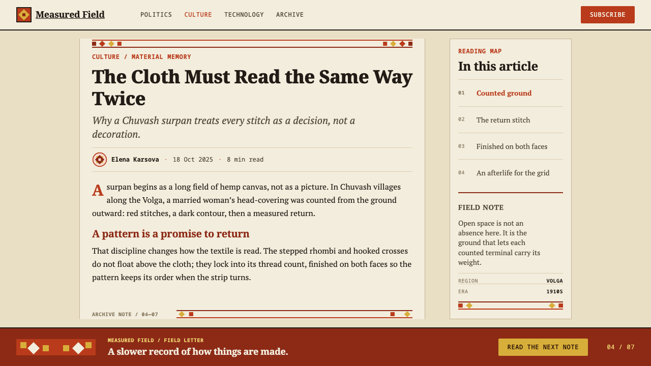 Chuvash Surpan design style applied to a Article page