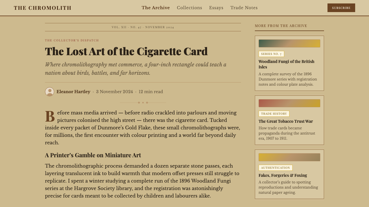 Cigarette Card Set design style applied to a Article page