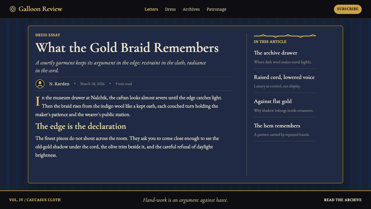 Circassian Adyghe Gold Braid design style applied to a Article page