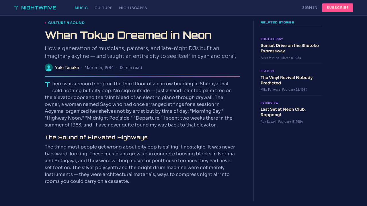 City Pop Tokyo design style applied to a Article page