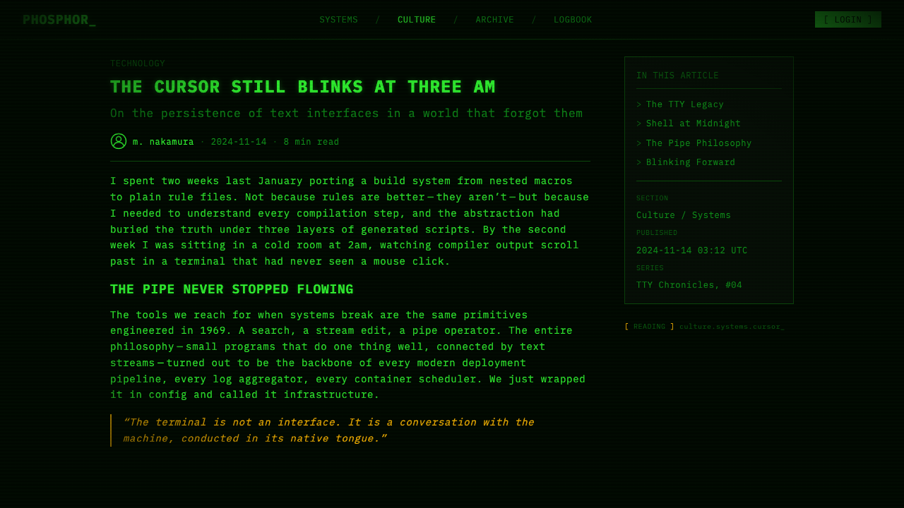 CLI Hacker Phosphor Green (1985) design style applied to a Article page