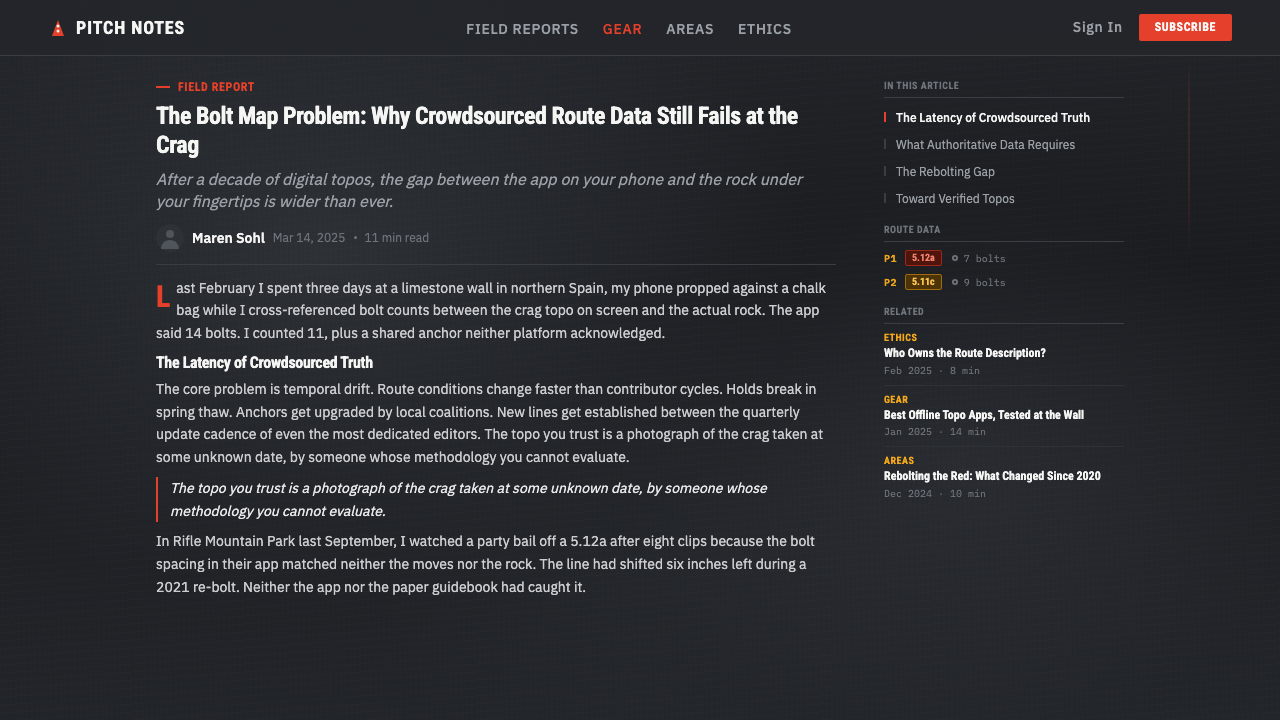 Climbing Topo Guide design style applied to a Article page
