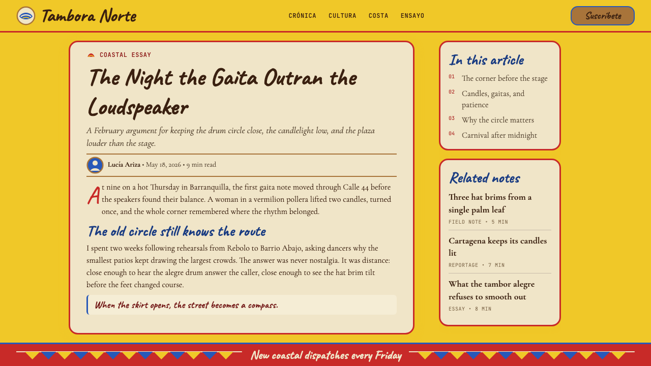 Colombian Cumbia (Pollera Carnival) design style applied to a Article page