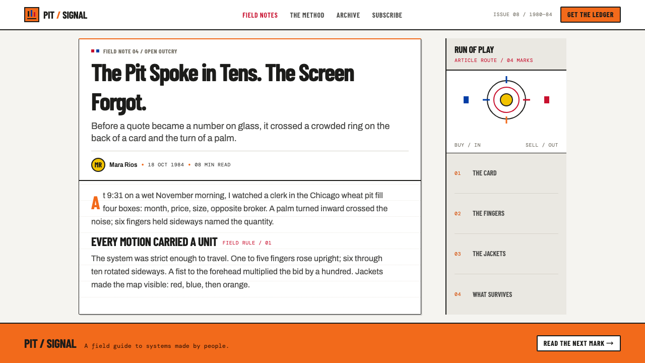 Trading Pit Hand Signals design style applied to a Article page