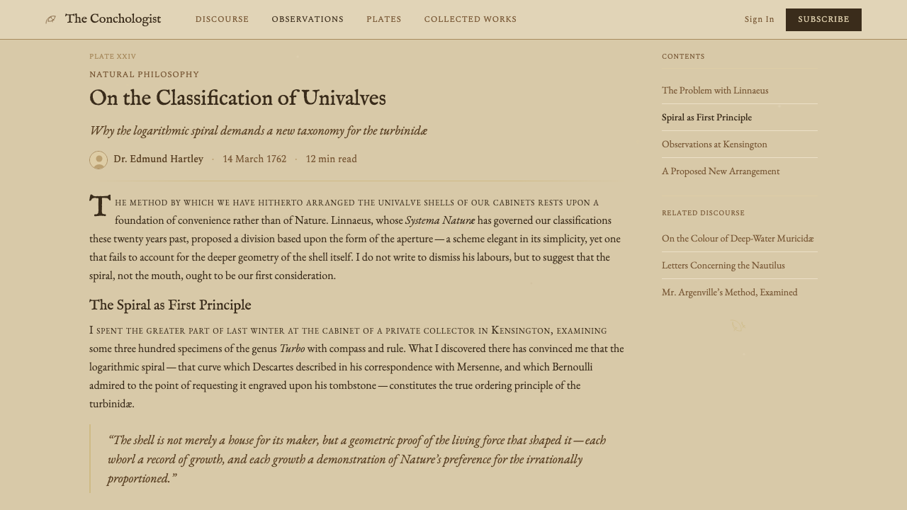 Conchology Shell Plate design style applied to a Article page