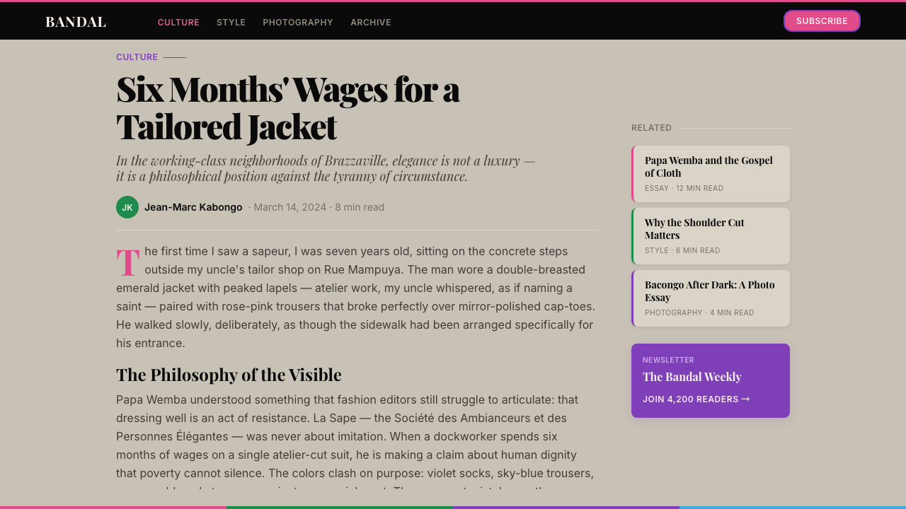 Congolese Sapeur (Kinshasa Suit) design style applied to a Article page